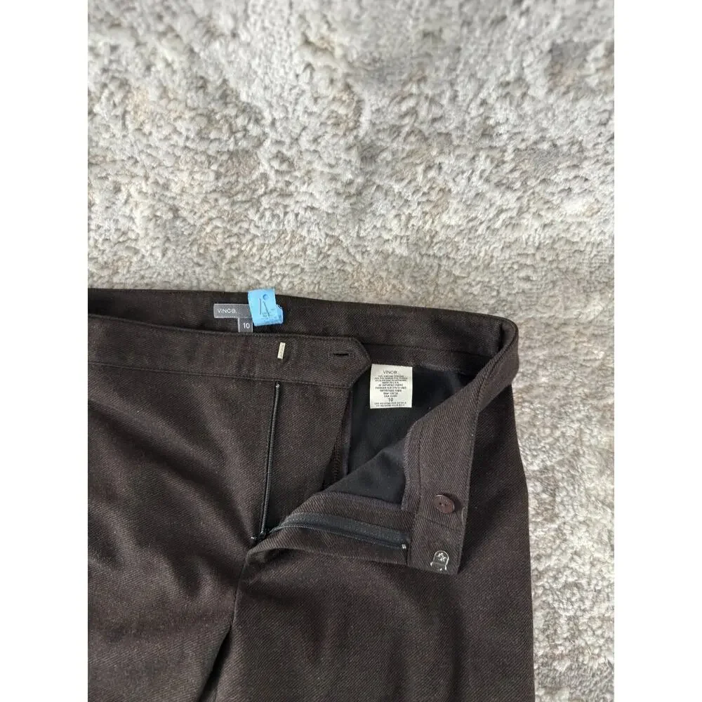 Vince Size 10 Stretch Flat Front Casul Pants Brown Button Zip - Picture 4 of 12